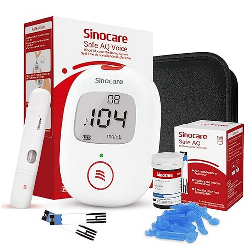 Sinocare Misuratore Glicemia, Diabete Test Kit Glucosio Nel Sangue con Strisce Reattive e Lancette (Voice 25 Kit Nuovo)