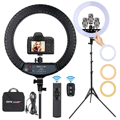 EOTO LIGHT Luce ad anello a LED da 18 pollici aggiornata con supporto per treppiede, per selfie con pannello a sfioramento per riprese video Vlog con borsa per il trasporto e telecomando, CRI 90