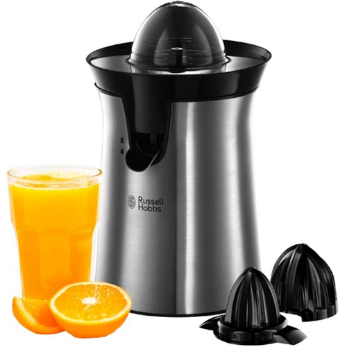Russell Hobbs Spremiagrumi Elettrico, Bicchiere Grande e Piccolo, Rotazione bidirezionale (destra/sinistra), Antigoccia, lavastoviglie ok, 60 W, senza BPA, Acciaio Inox, 22760-56